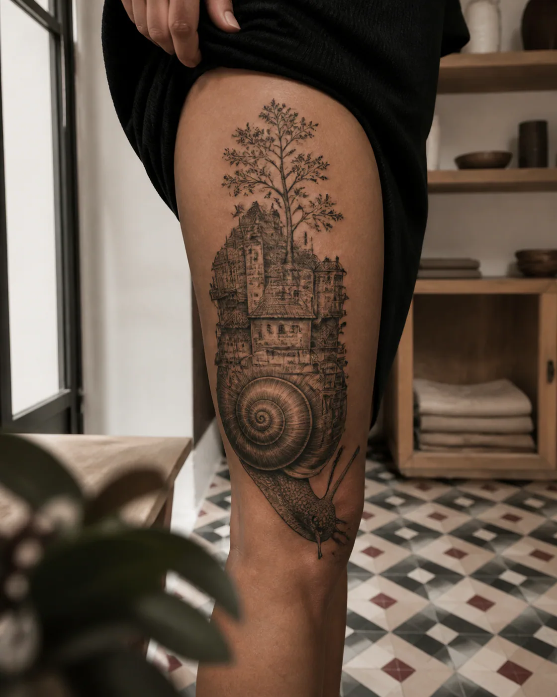 Illustrative tattoo of a city block curling into the shell of a snail executed as a healed cover-up on the outer thigh