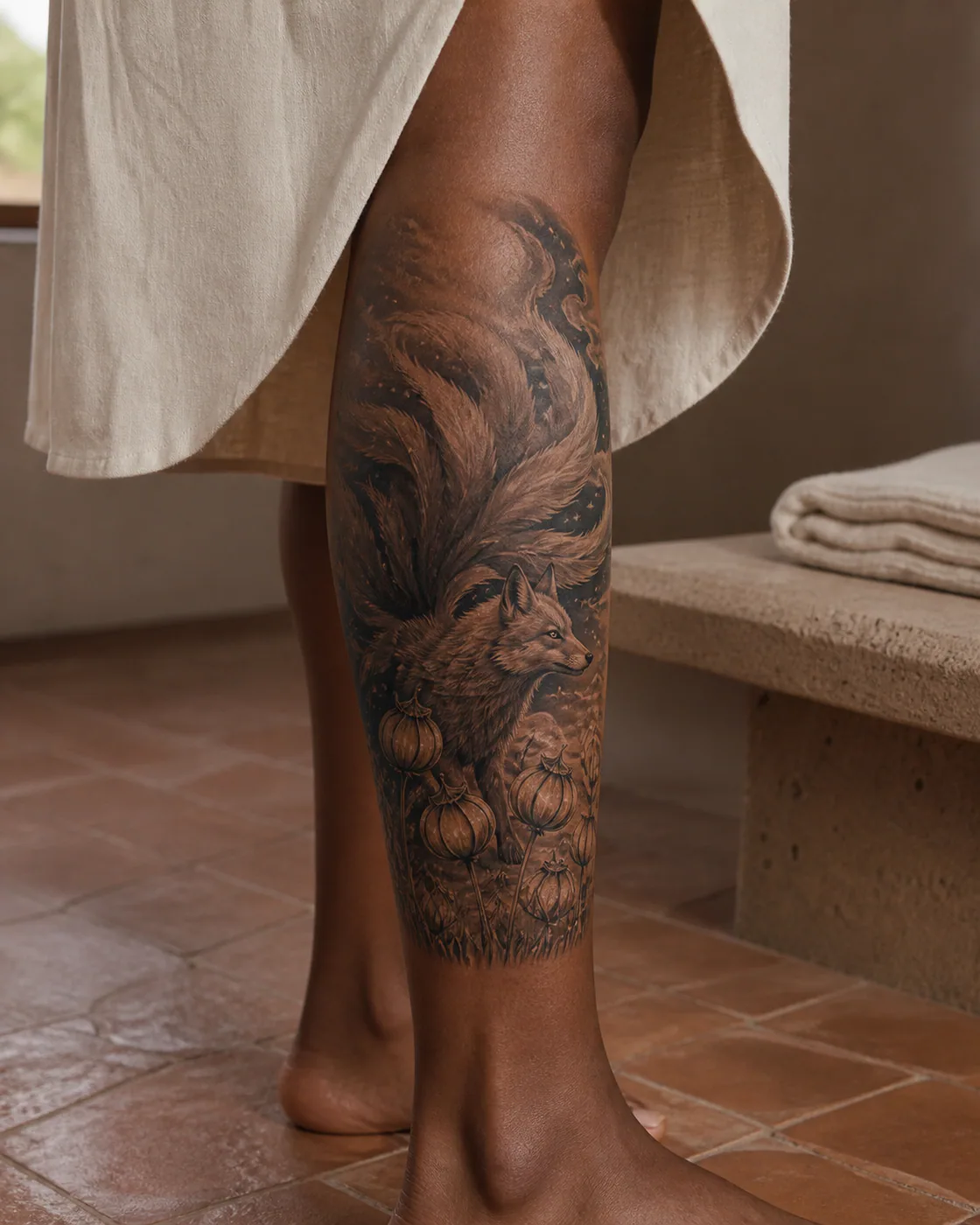 Surrealism tattoo of a many-tailed fox spirit crossing a field of lantern-like flowers executed as a healed cover-up on the calf