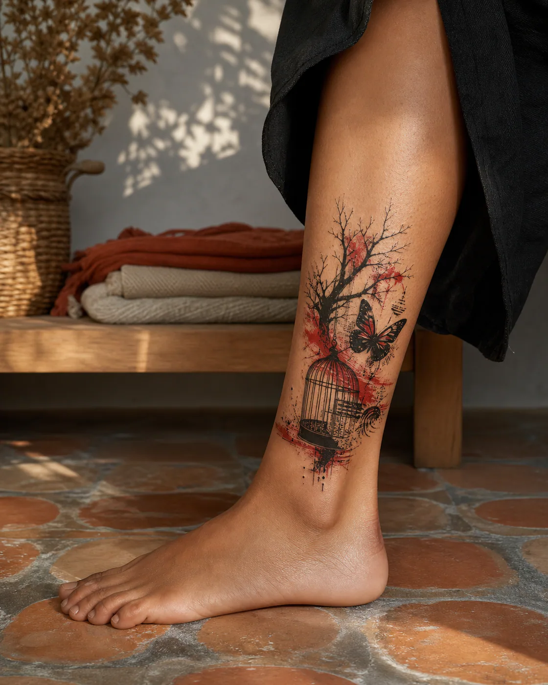 Trash Polka tattoo of an empty cage transforming into a branching canopy with an integrated butterfly on the ankle