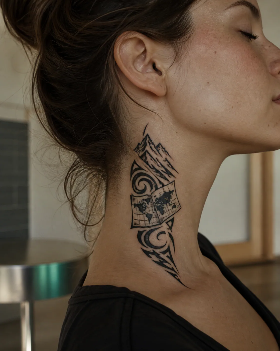 Tribal tattoo of a paper map folding into a range of mountains on the side of neck