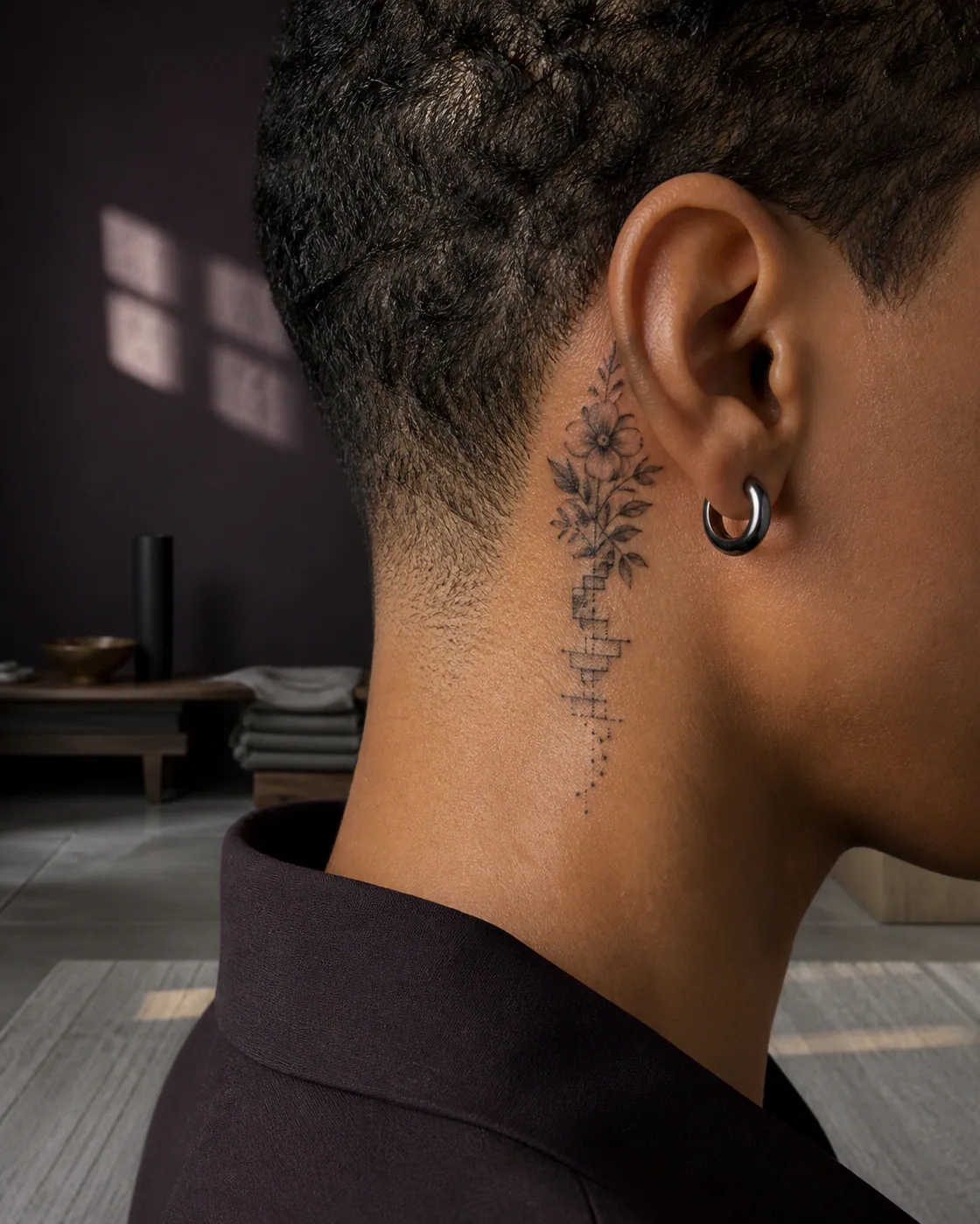 Floral tattoo of an isometric stair system dissolving into sparse points on the behind the ear