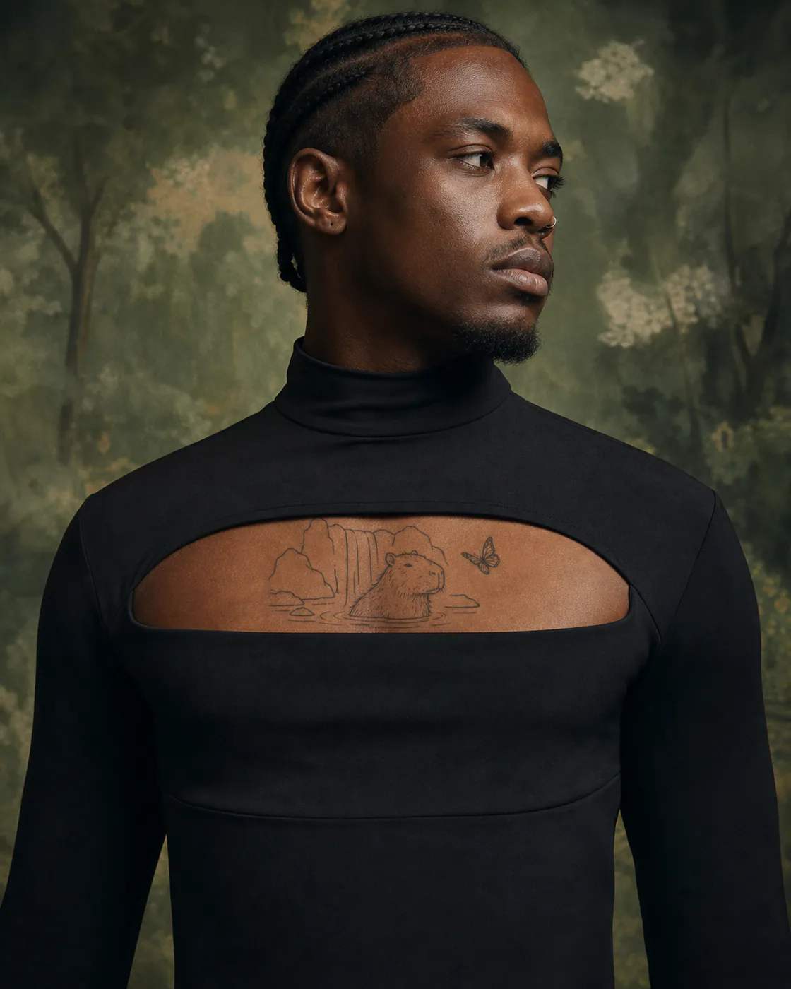 Minimalist tattoo of a capybara relaxing beneath a miniature waterfall with an integrated butterfly on the chest
