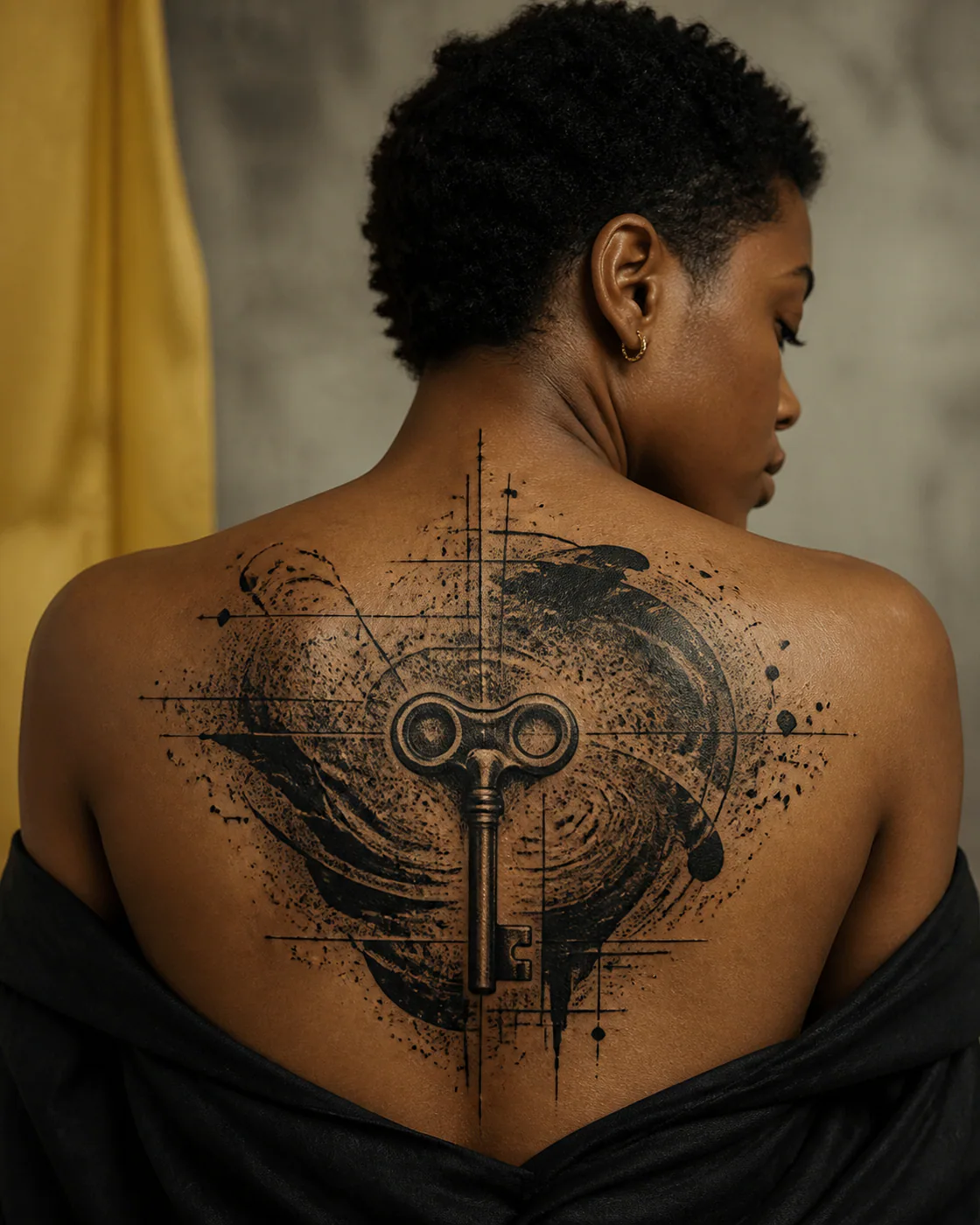 Blackwork tattoo of a music box key surrounded by drifting dust motes executed as a healed cover-up on the upper back