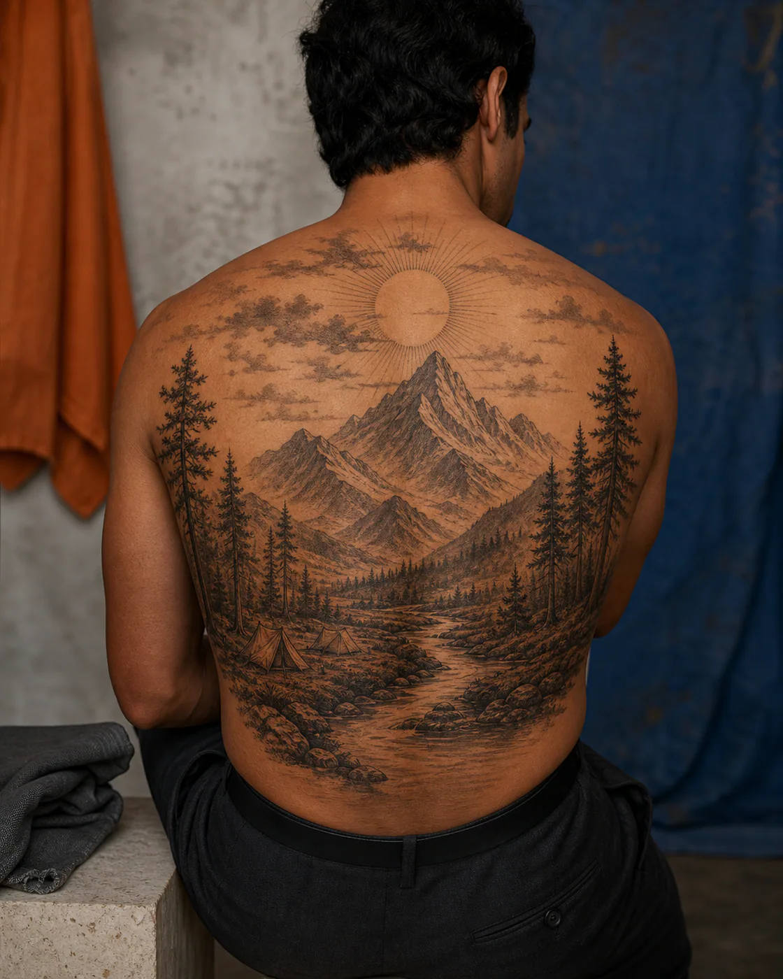 Realism tattoo of tiny mountain peaks, tents without logos, rivers, and suns on the full back