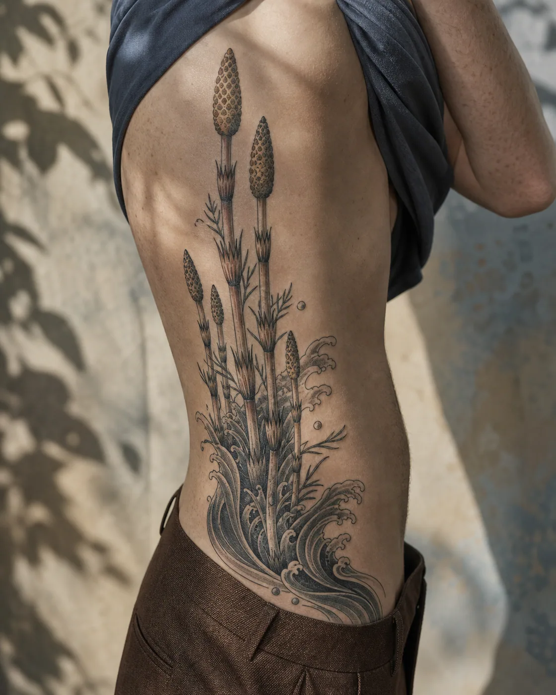 Japanese tattoo of a horsetail reed study arranged in graduated heights on the side ribs