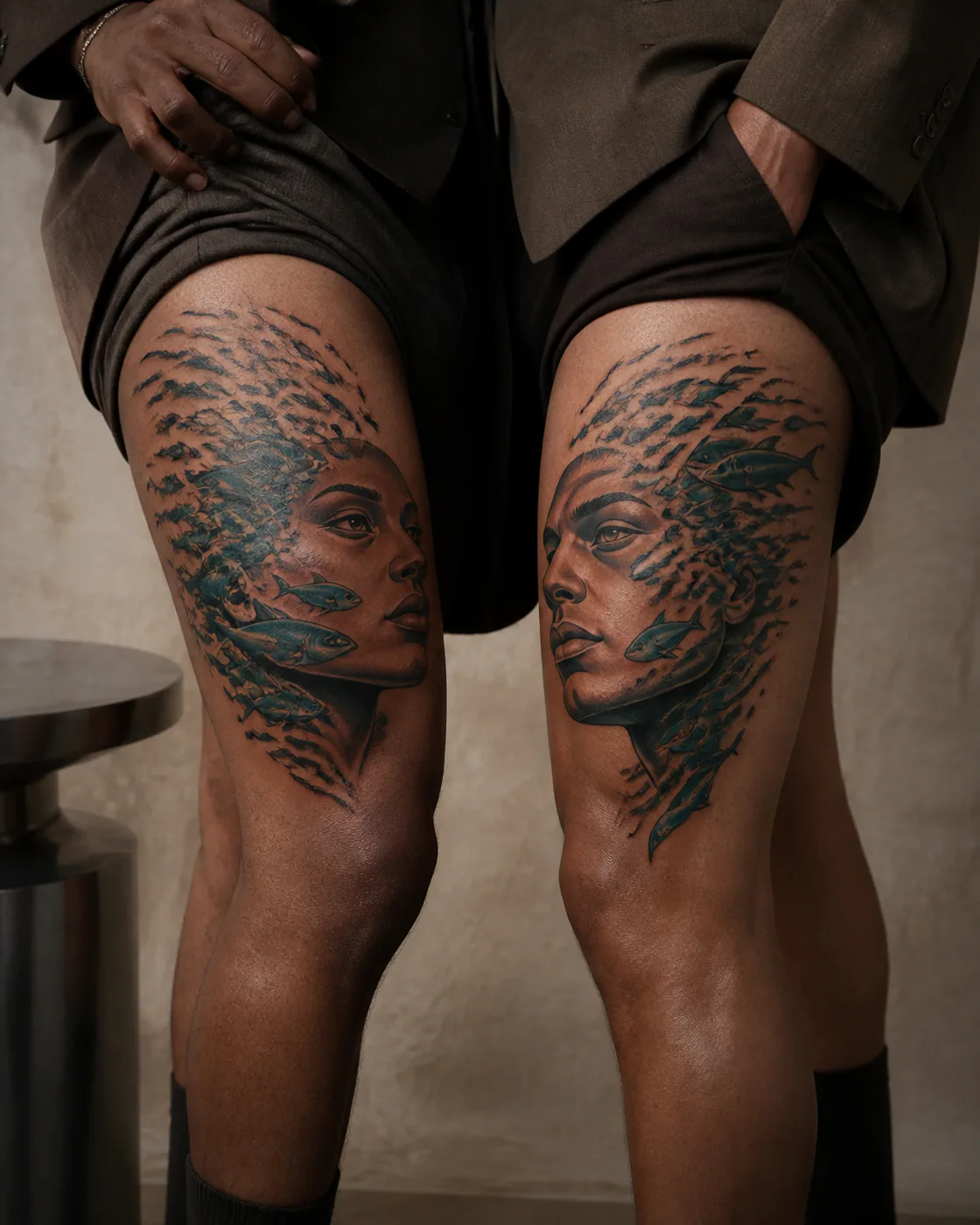 Neo-Traditional tattoo of an original face dissolving into a school of small fish as a complementary couple tattoo pair on the outer thigh