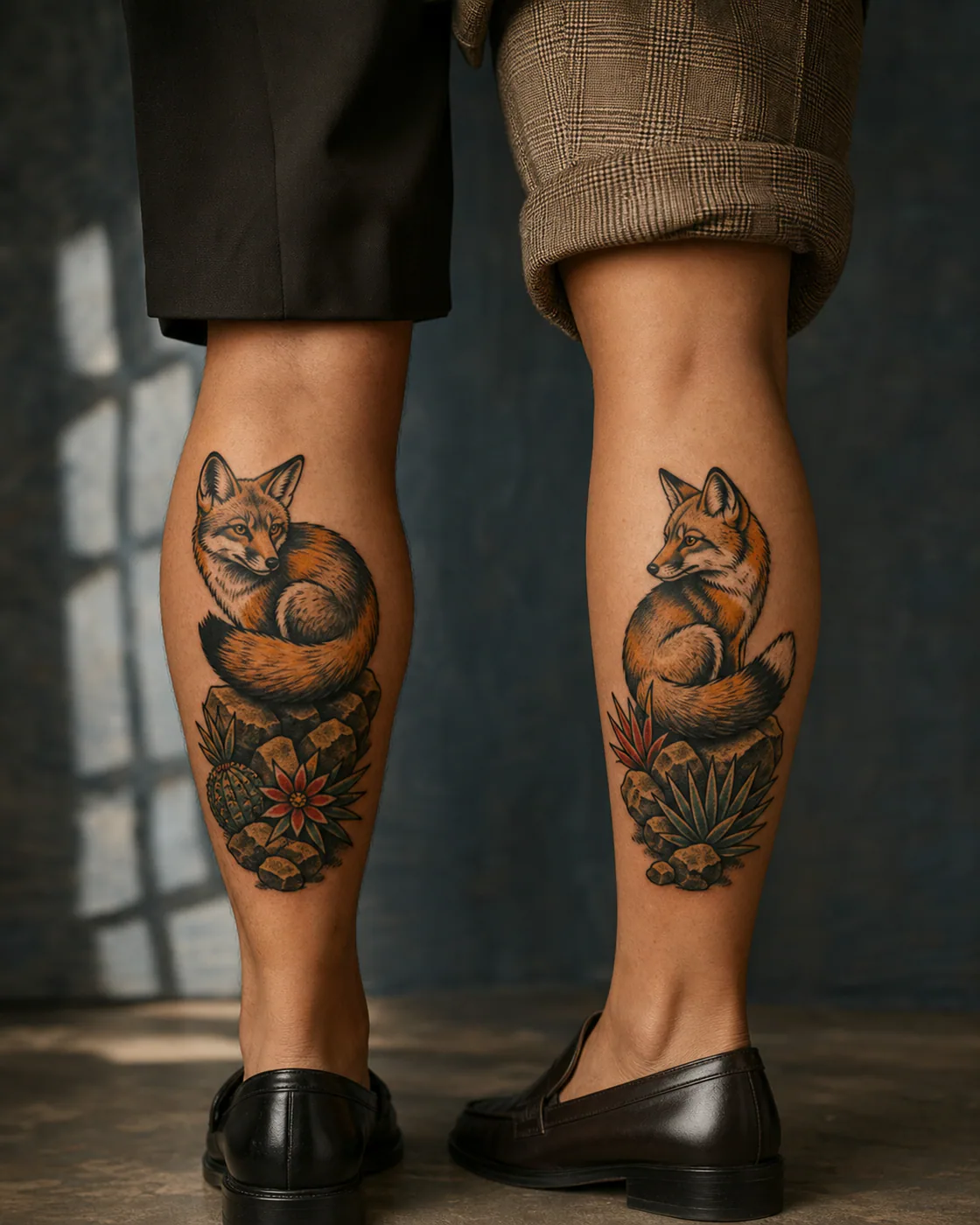American Traditional tattoo of a swift fox curled around a cluster of desert stones as a complementary couple tattoo pair on the calf