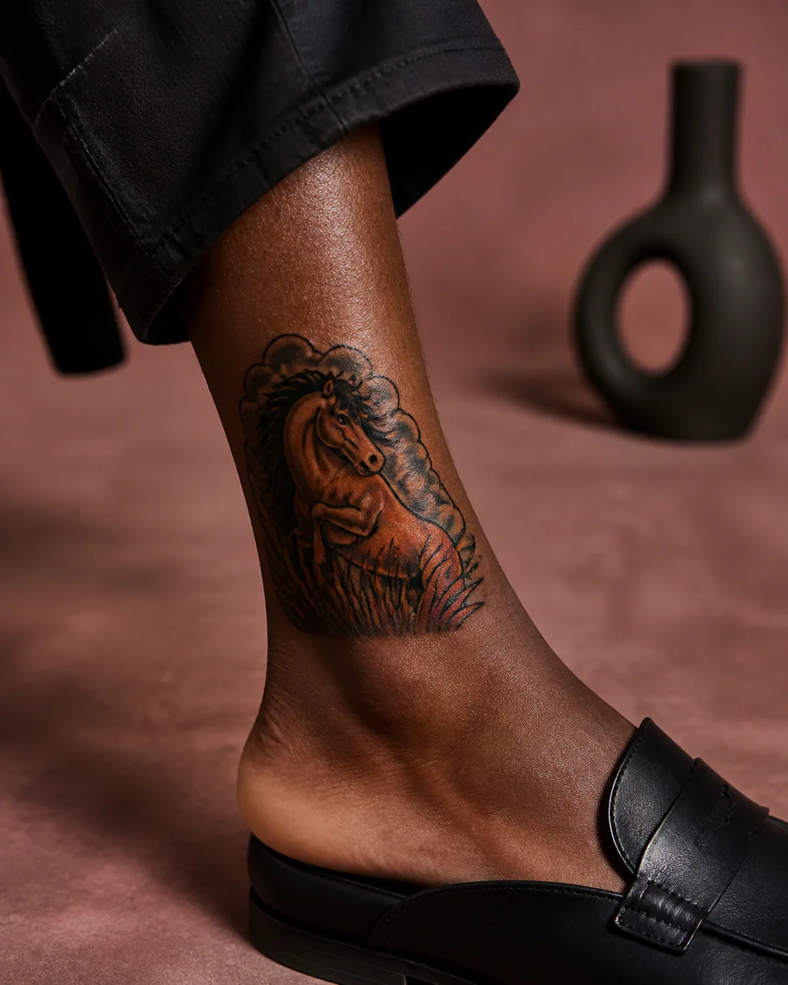 New School tattoo of a wild mustang turning through high prairie grass on the ankle