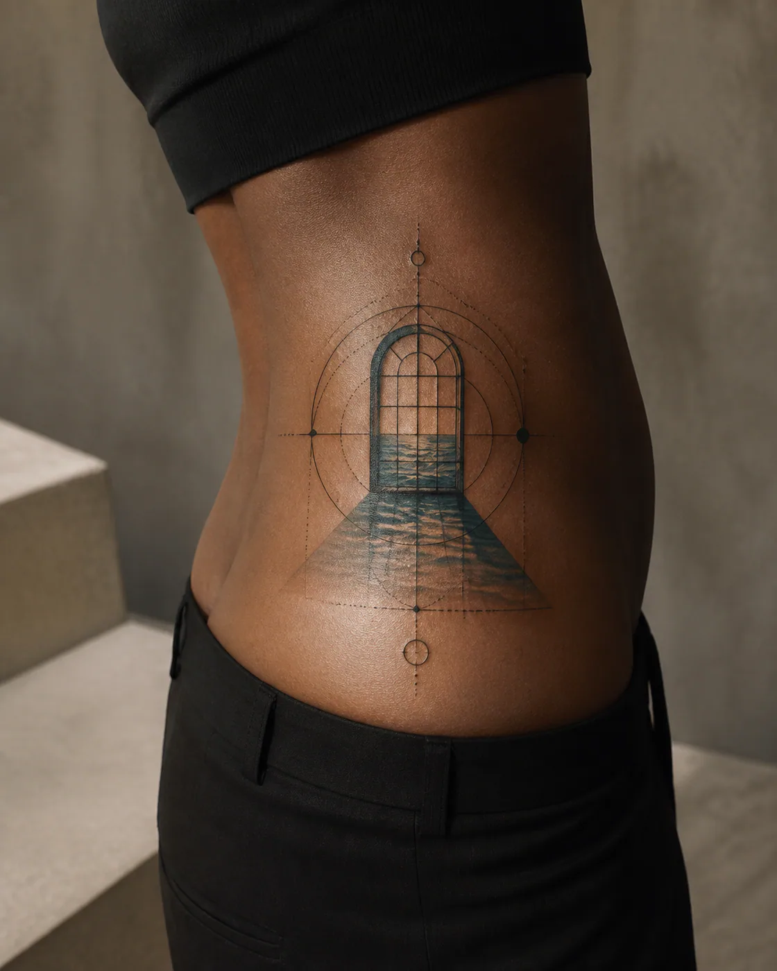 Geometric tattoo of a window casting an ocean-shaped pool of light on the hip