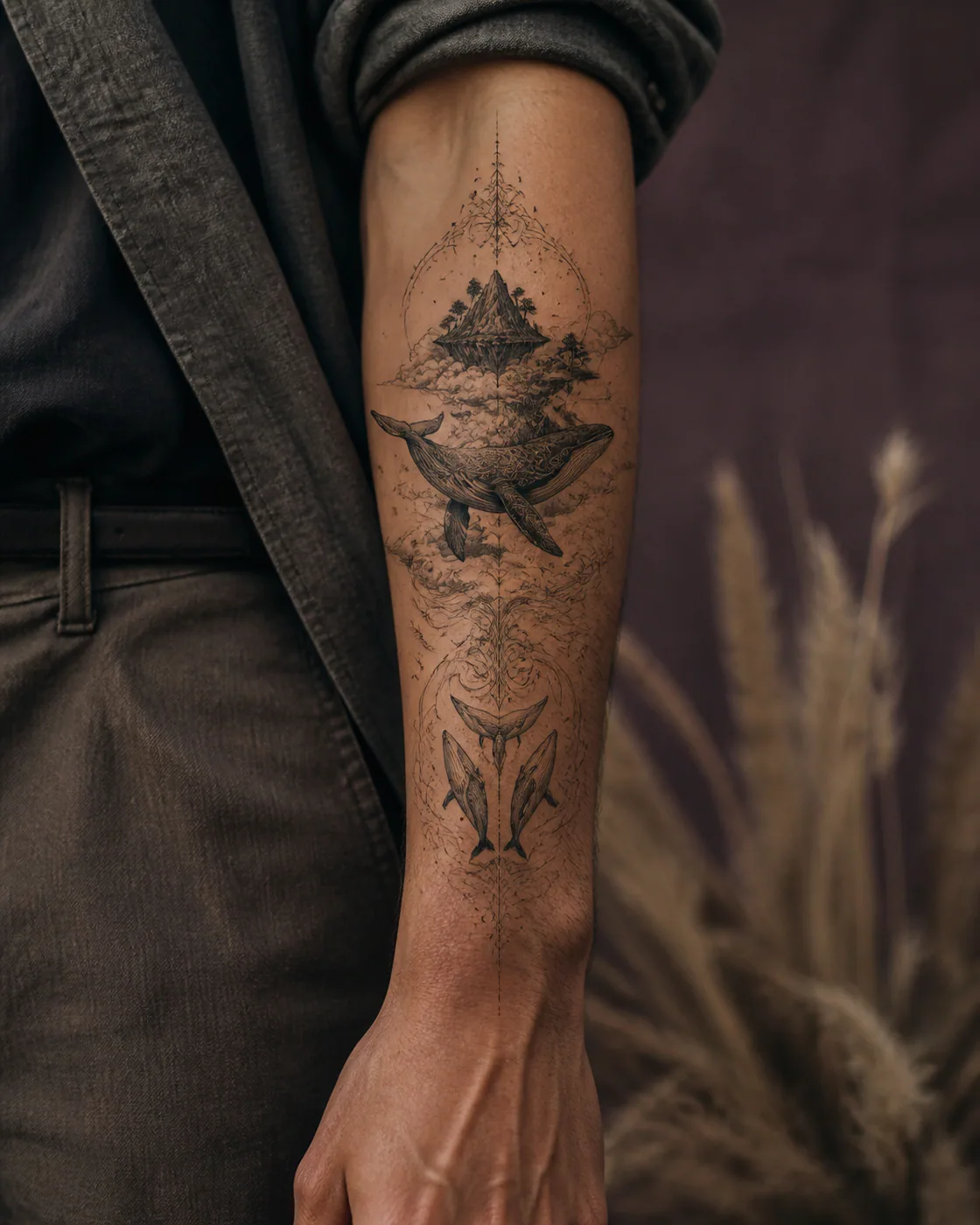 Ornamental tattoo of a cloud whale carrying a small island on its back with a three-part family motif on the forearm