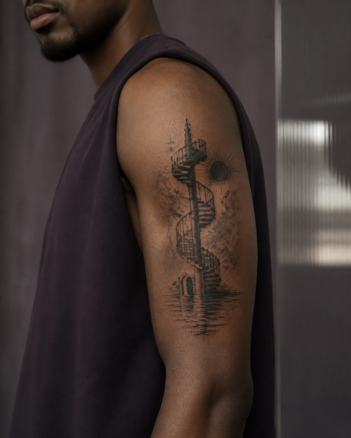 Illustrative tattoo of a spiral staircase rising from a calm pool of water on the upper arm