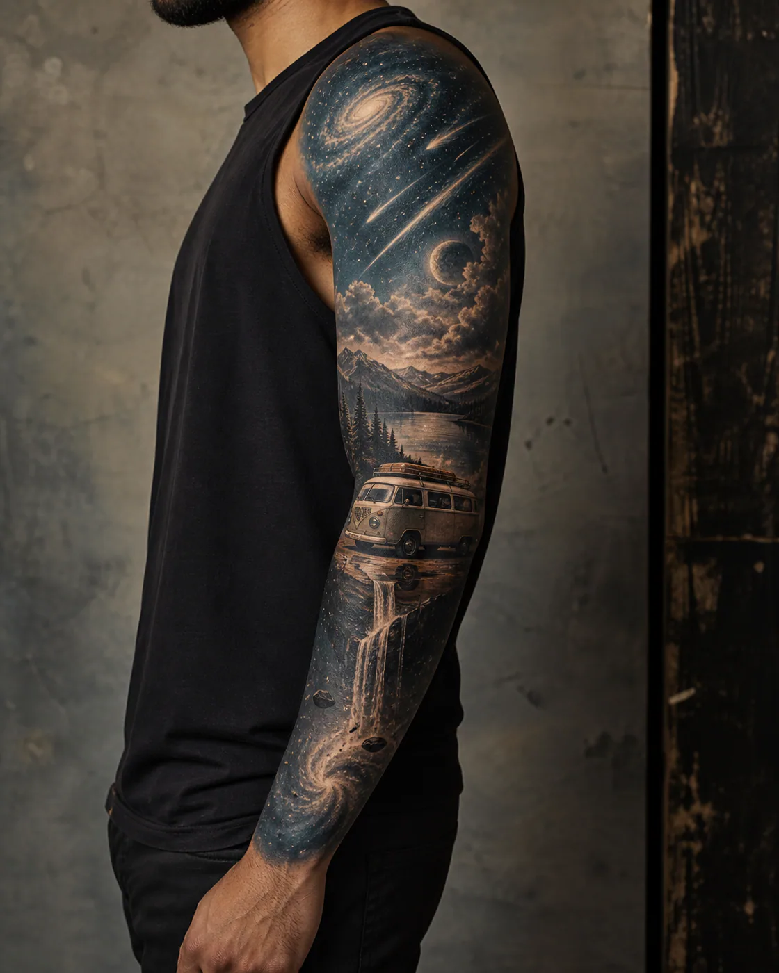 Surrealism tattoo of a camper van silhouette beneath a broad meteor sky on the full sleeve