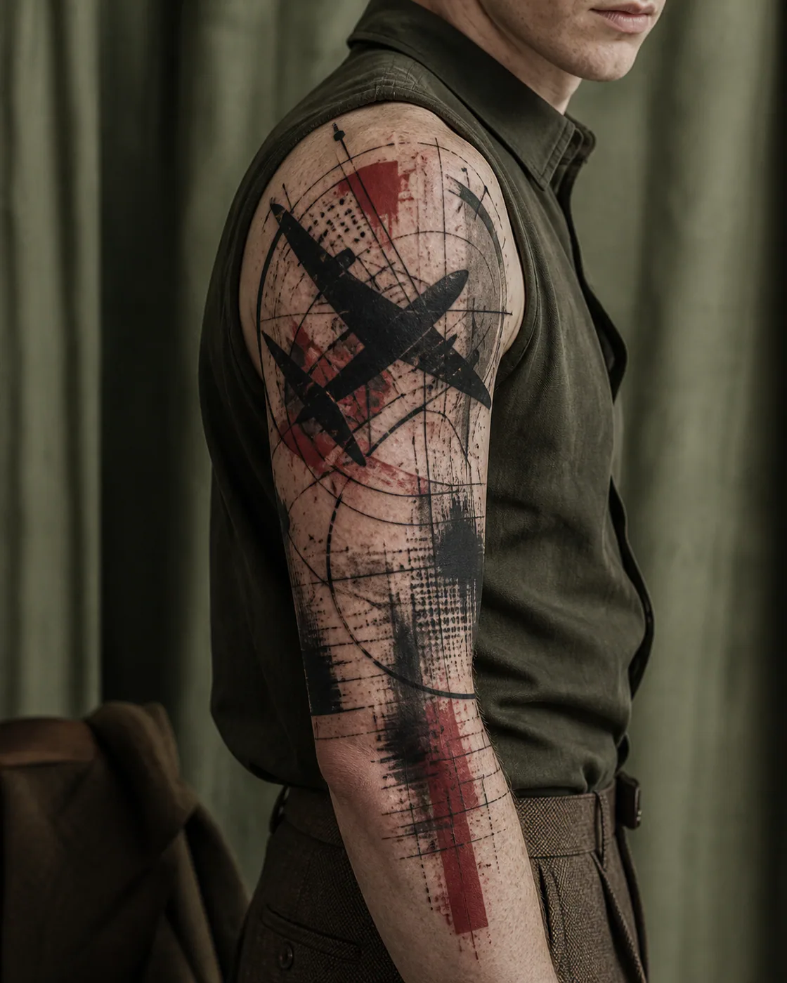 Trash Polka tattoo of a lattice of arcs interrupted by one bold black plane on the half sleeve