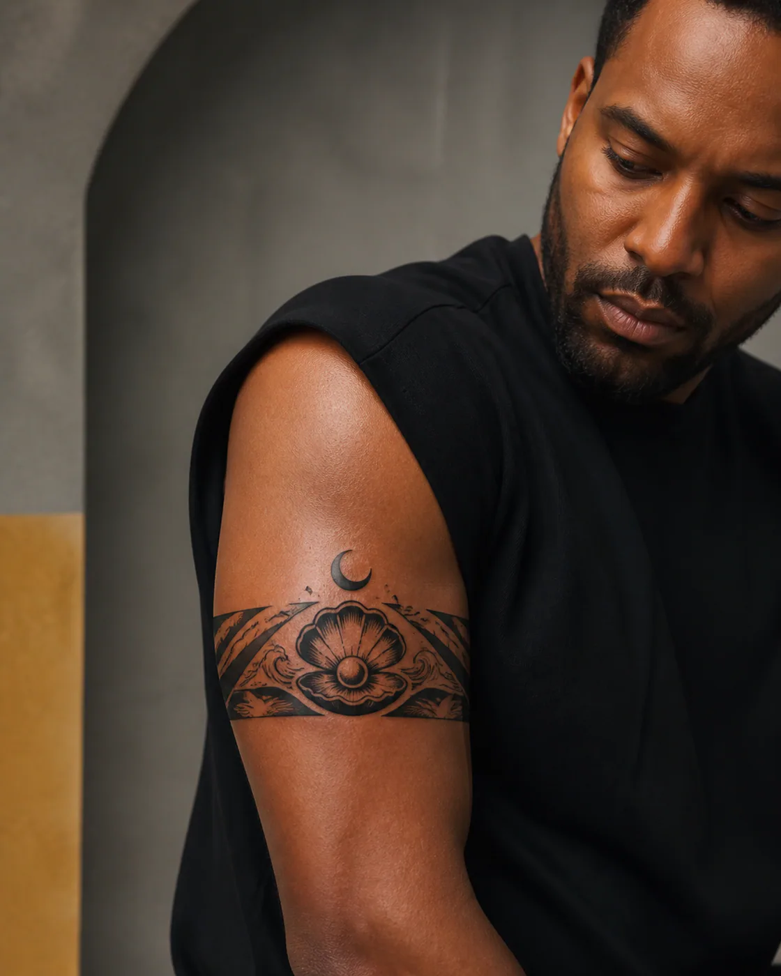 Tribal tattoo of a pearl oyster opening beneath a thin crescent tide on the armband