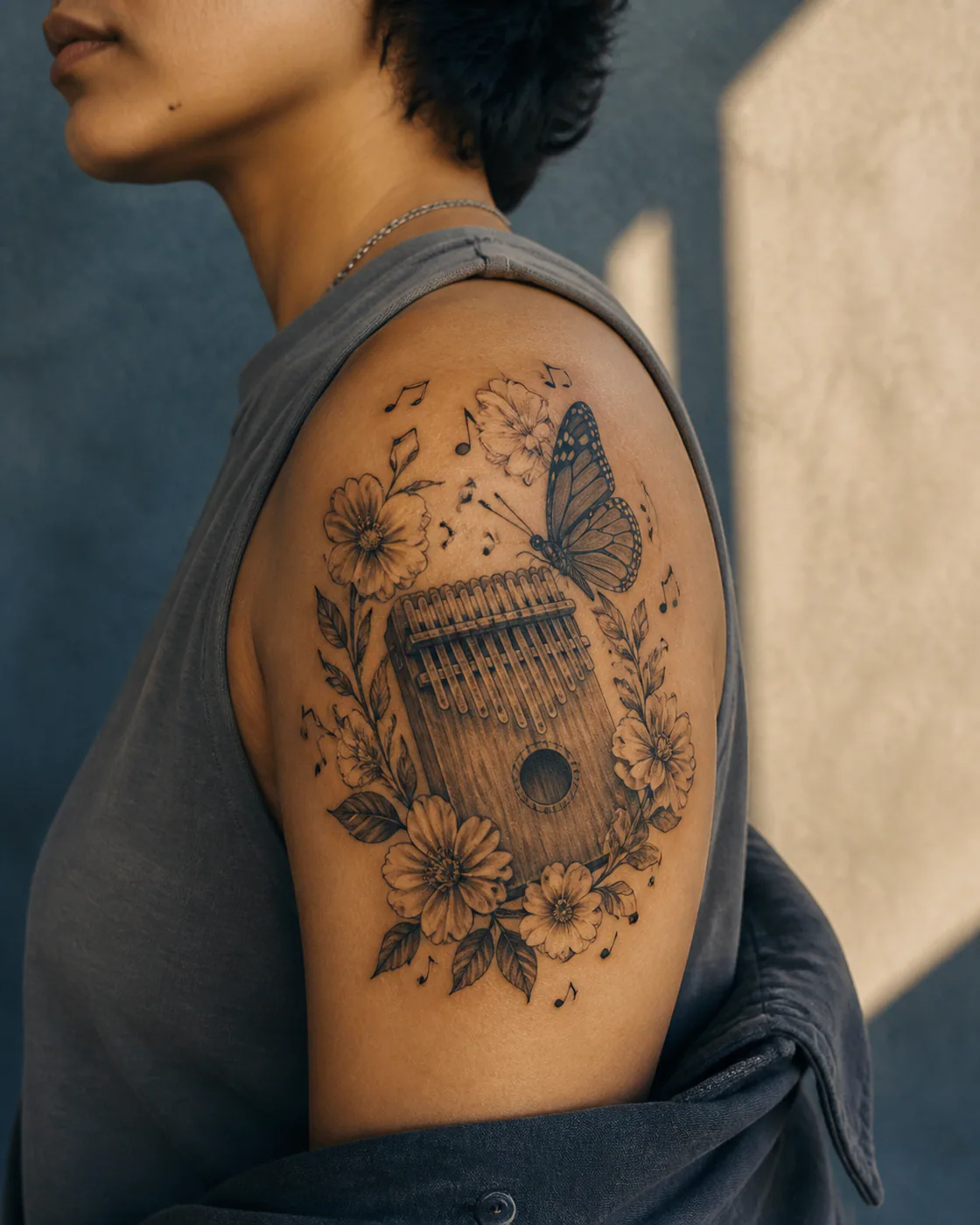 Floral tattoo of a kalimba framed by small leaves and floating notes without notation with an integrated butterfly on the shoulder cap