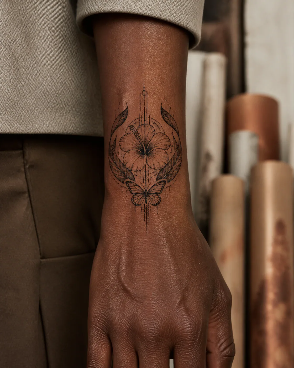 Cybersigilism tattoo of a hibiscus bloom framed by two rolled tropical leaves with an integrated butterfly on the wrist