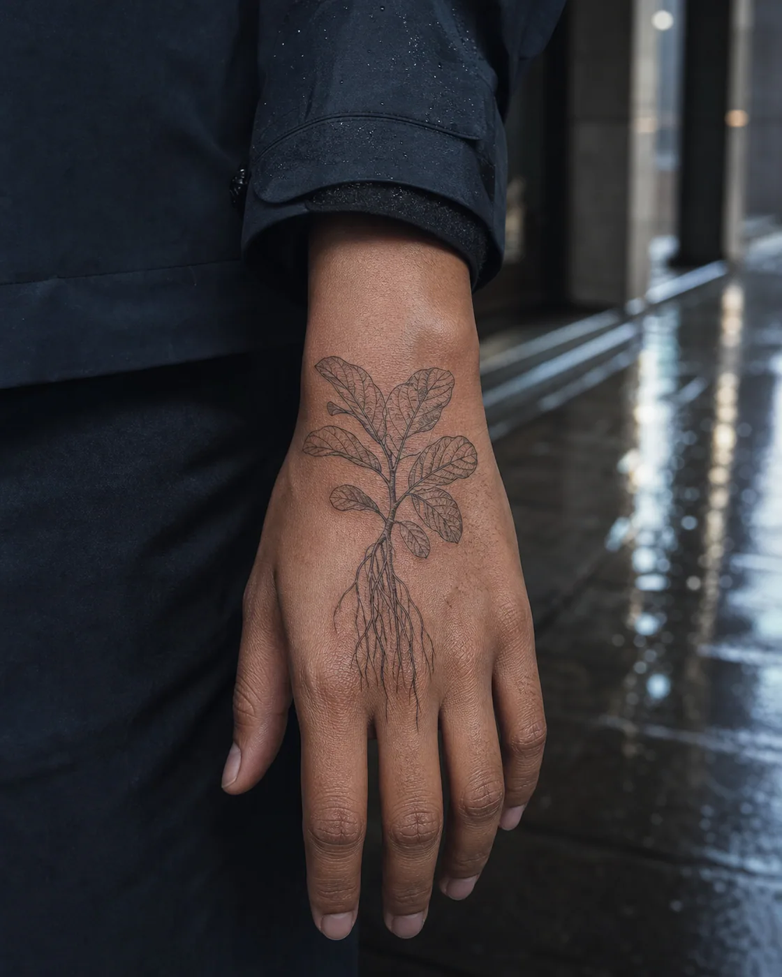 Fine Line tattoo of a fiddle-leaf fig branch paired with aerial roots on the back of hand