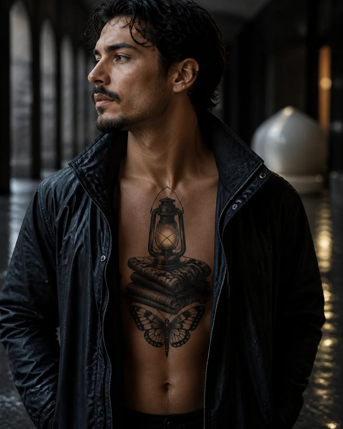 Blackwork tattoo of a camp lantern glowing beside folded wool blankets with an integrated butterfly on the sternum