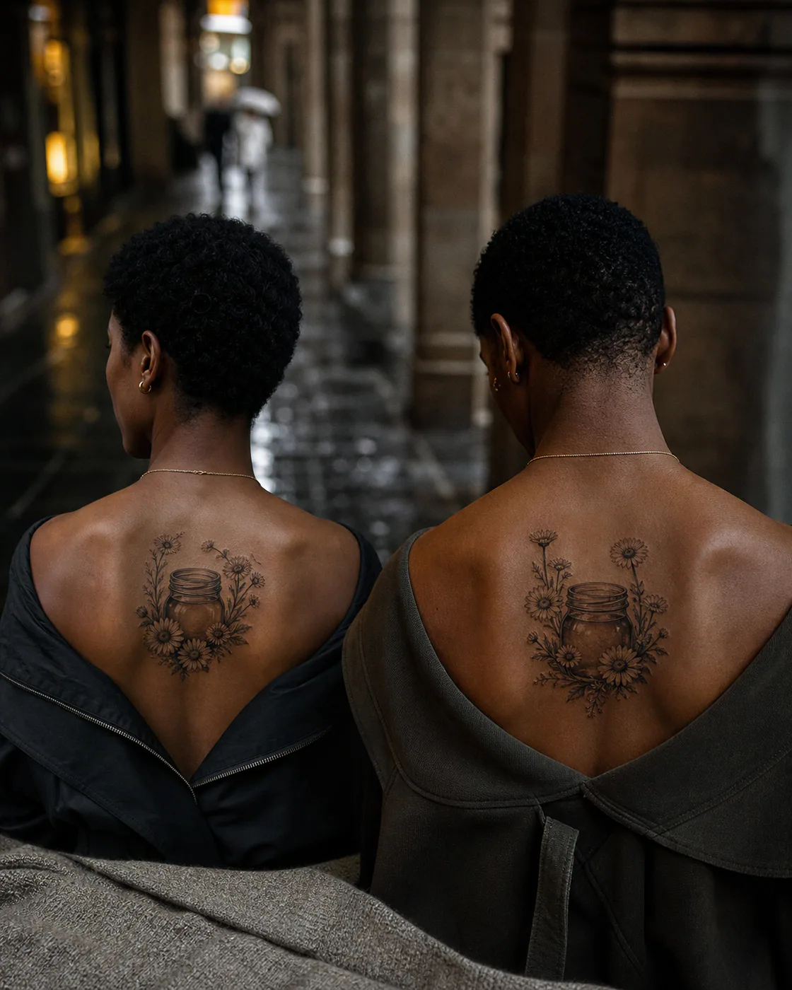 Realism tattoo of a small honey jar surrounded by chamomile without any label as a complementary couple tattoo pair on the upper back
