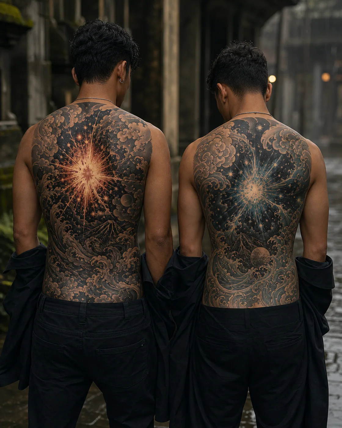 Japanese tattoo of a supernova bloom expanding through concentric darkness as a complementary couple tattoo pair on the full back