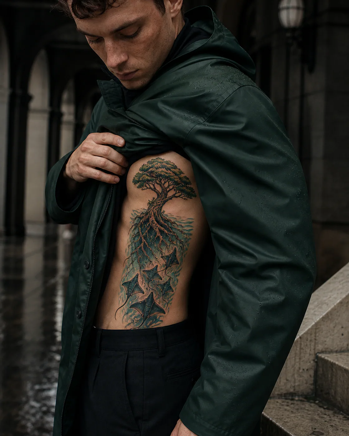 Neo-Traditional tattoo of a tree whose roots dissolve into swimming rays on the side ribs