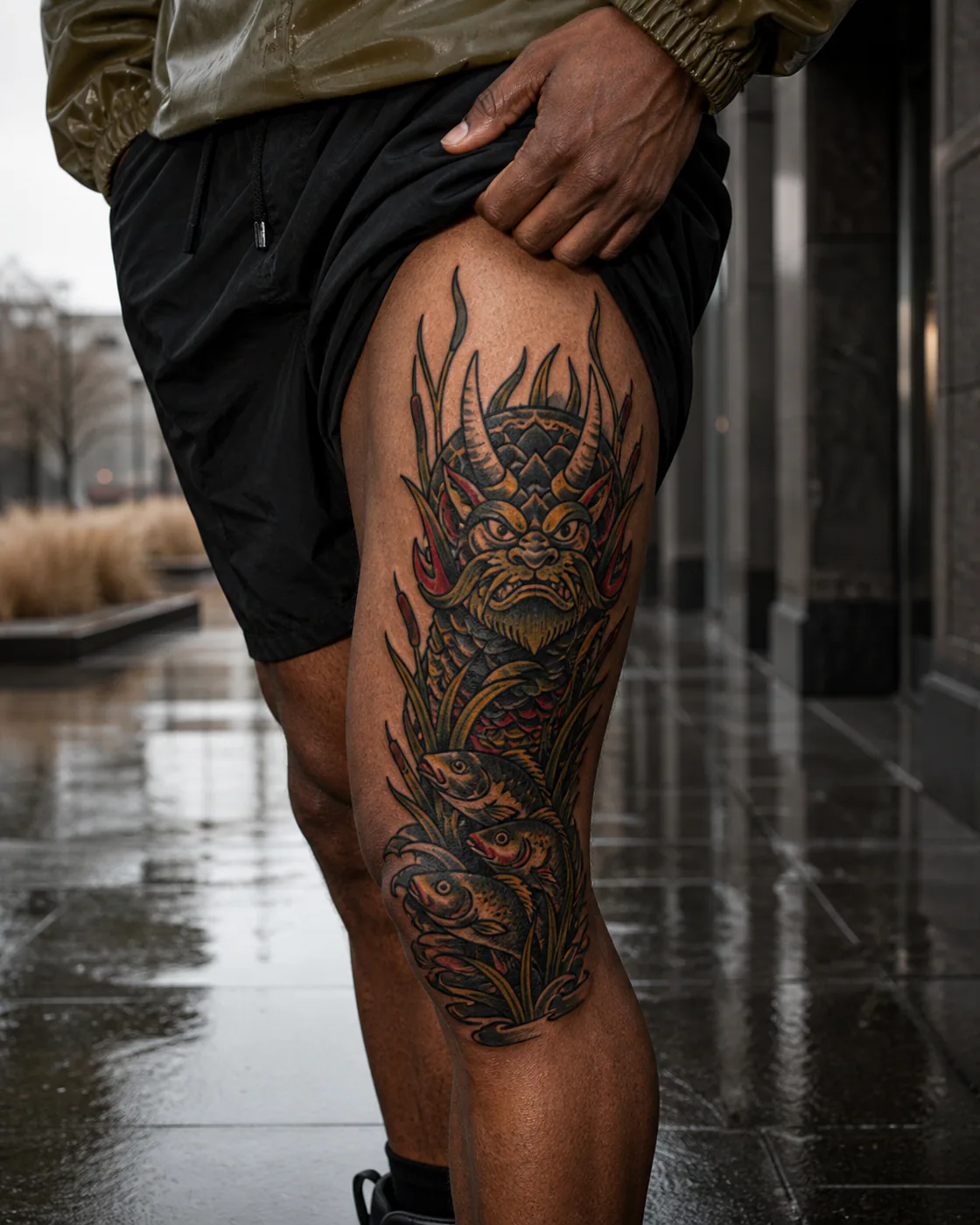 American Traditional tattoo of a horned river guardian emerging from layered reeds with a three-part family motif on the outer thigh