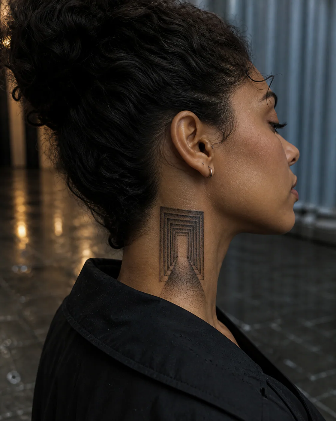 Dotwork tattoo of concentric squares opening into a skewed light corridor on the side of neck
