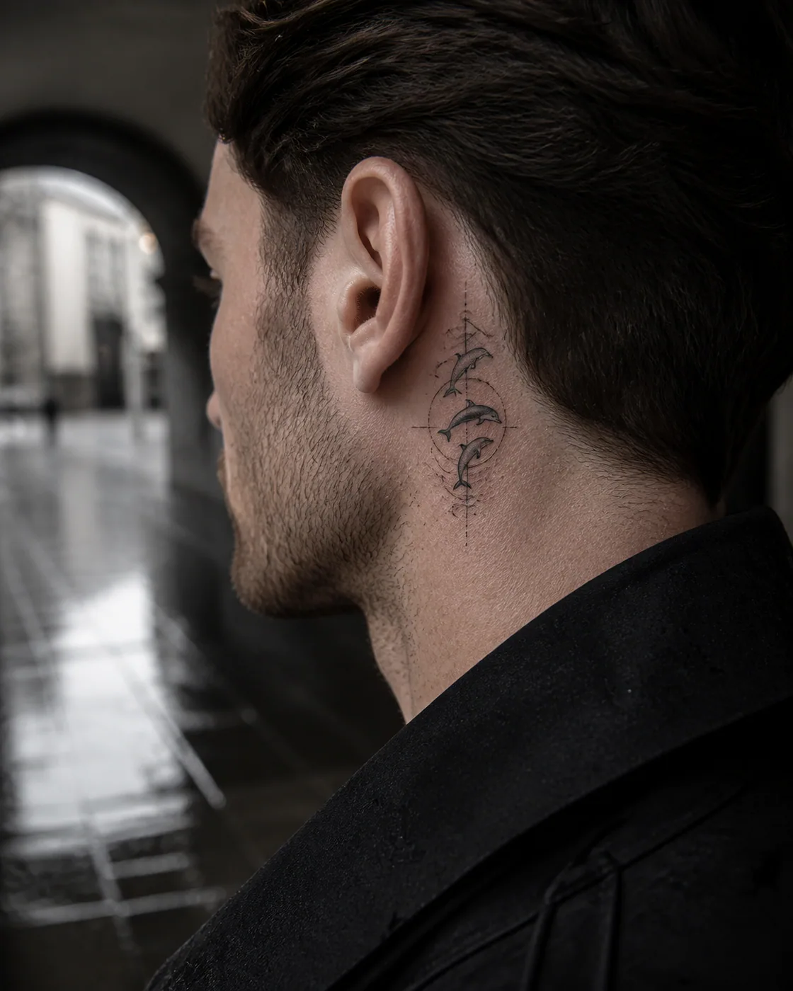 Geometric tattoo of a pod of dolphins crossing layered ocean contours with a three-part family motif on the behind the ear