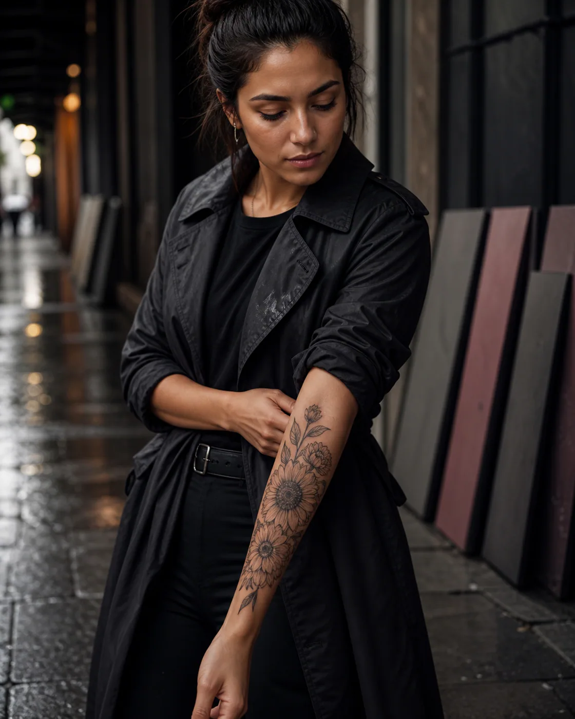 Illustrative tattoo of marigolds arranged around one dark textured center on the forearm