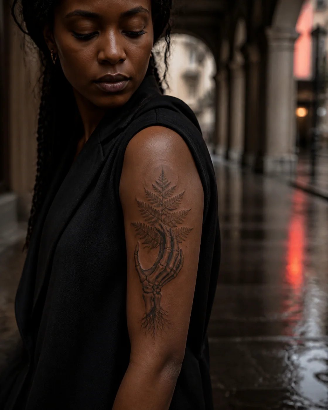 Surrealism tattoo of a skeletal hand gently holding a living fern on the upper arm