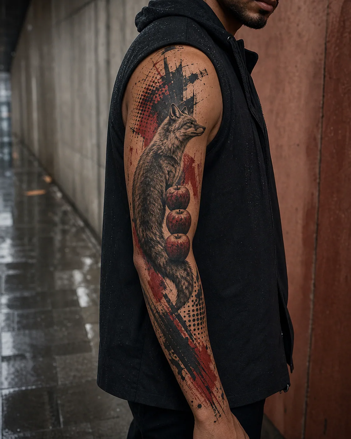 Trash Polka tattoo of a fox balancing three apples along its tail on the full sleeve