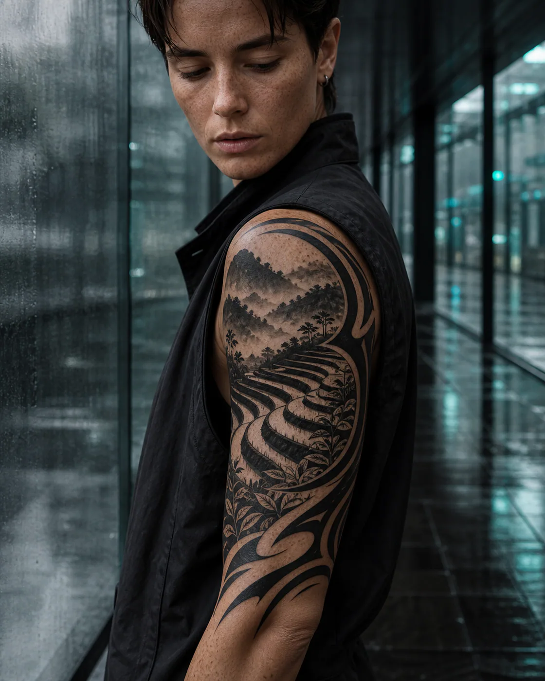 Tribal tattoo of terraced rice fields curving around a misted hillside on the half sleeve