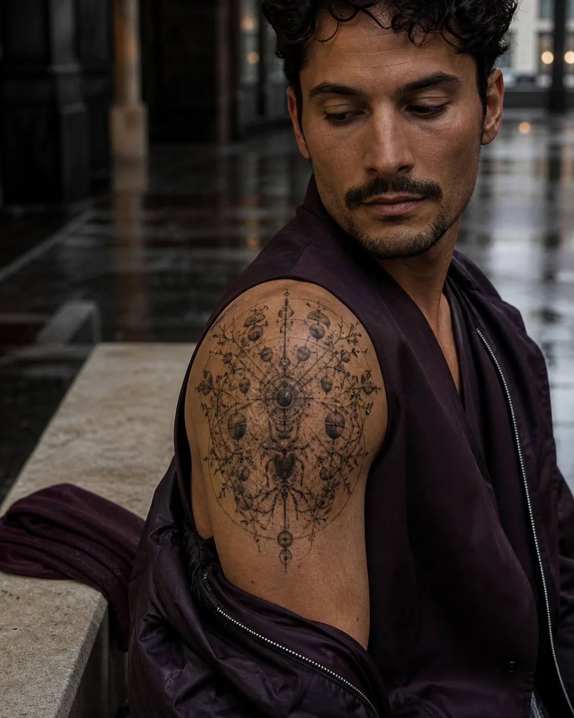 Cybersigilism tattoo of an arrangement of miniature beetles, acorns, twigs, and spores executed as a healed cover-up on the shoulder cap