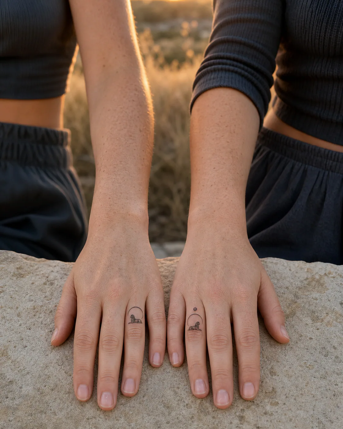 Black and Gray tattoo of a lunar sphinx resting beneath an impossible arch as a complementary couple tattoo pair on the finger