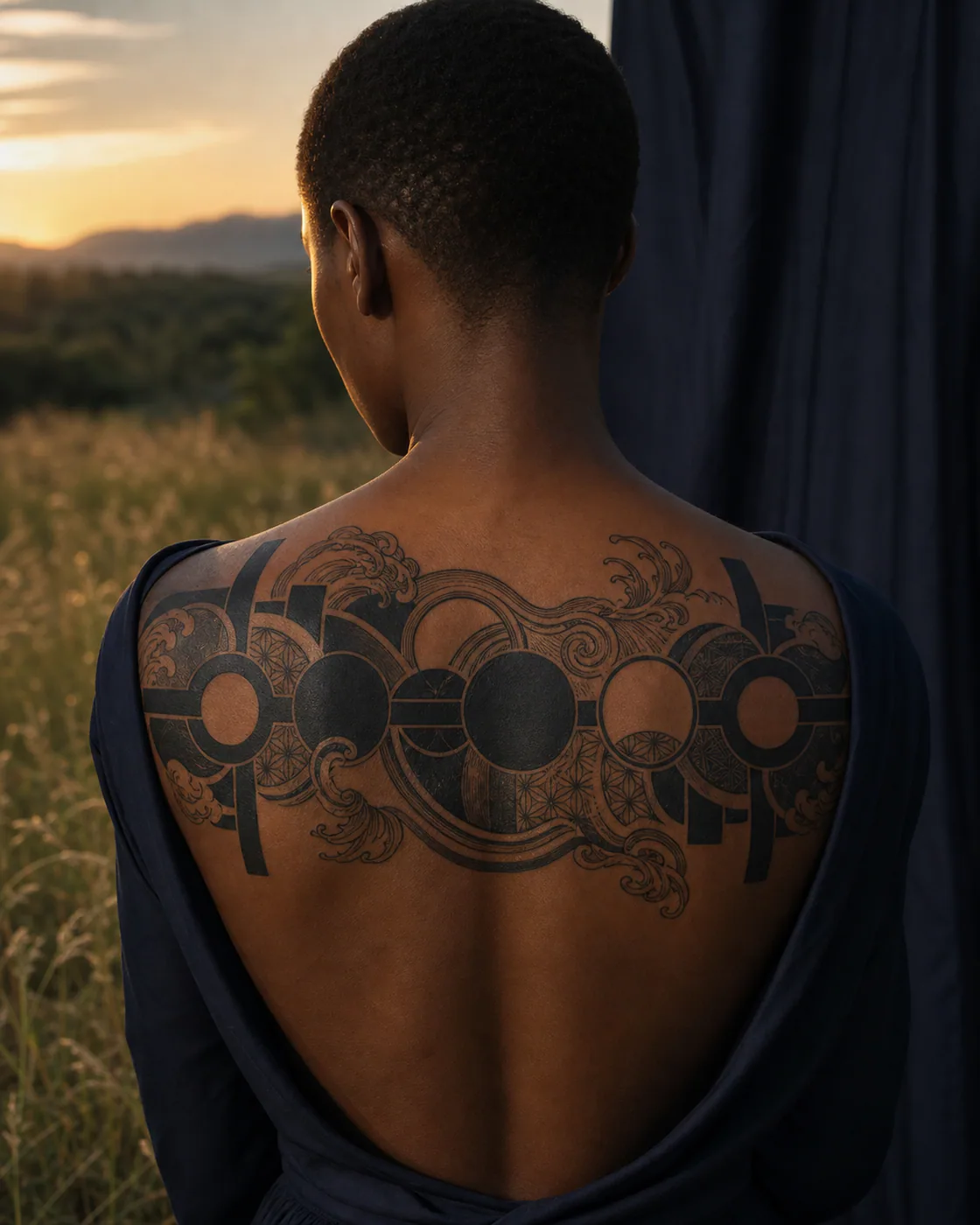 Japanese tattoo of a modular chain of circles, bars, and precise tangencies executed as a healed cover-up on the upper back