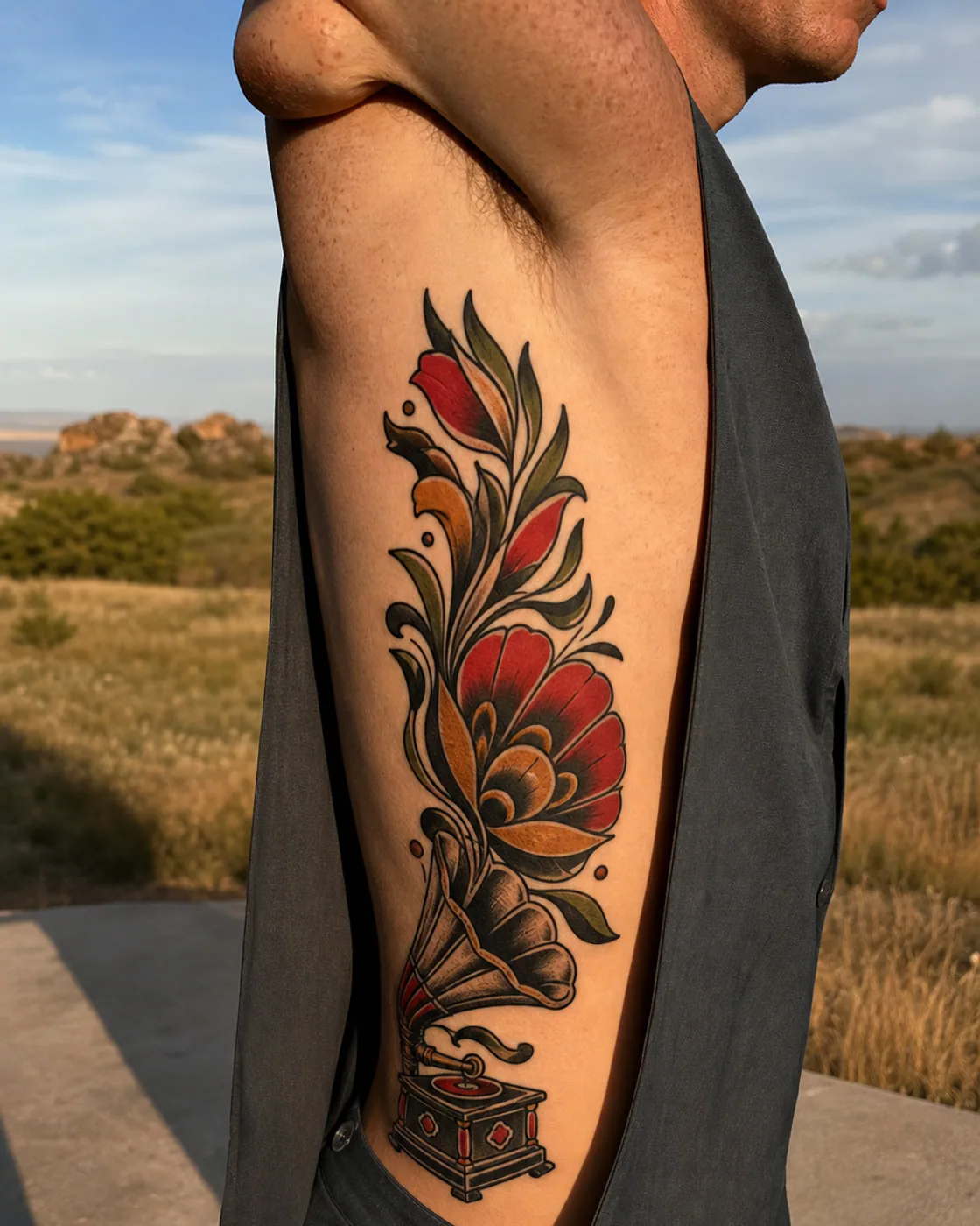American Traditional tattoo of a gramophone horn blooming into abstract petals on the side ribs