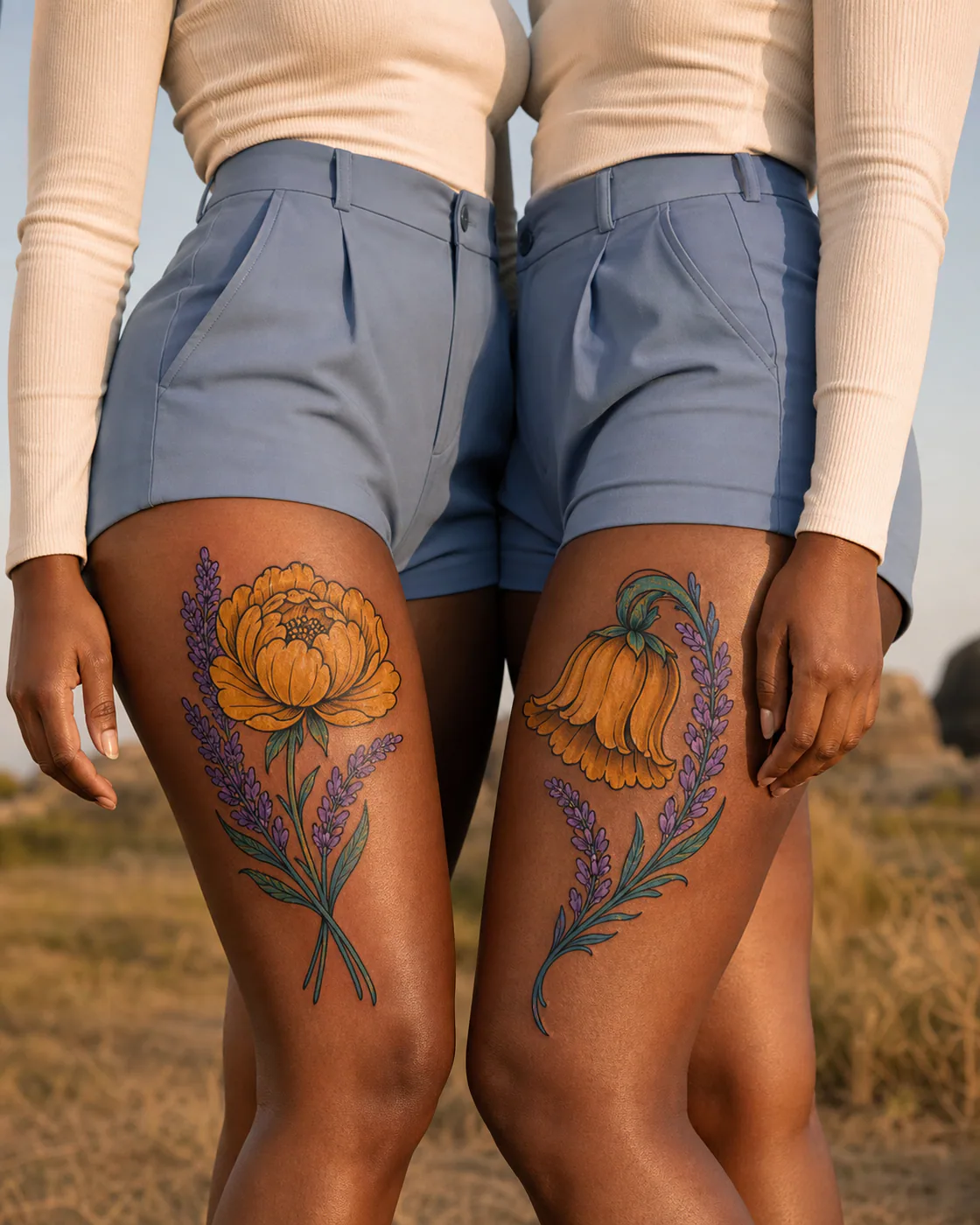New School tattoo of lavender stems crossing beneath a single honeyed bloom as a complementary couple tattoo pair on the outer thigh