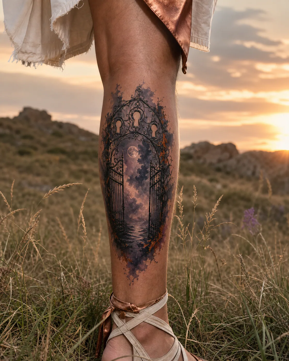 Watercolor tattoo of a wrought-iron gate opening onto dense moonlit fog with a three-part family motif on the calf