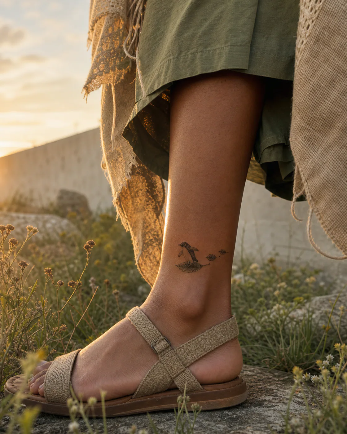Dotwork tattoo of a penguin gliding on a leaf-shaped skateboard with a three-part family motif on the ankle