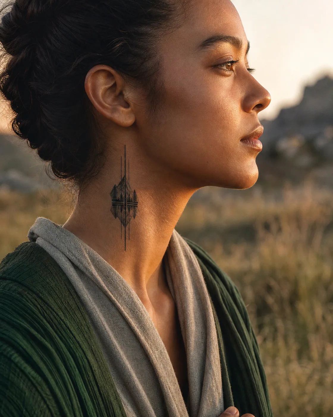 Geometric tattoo of a frozen lake split by reeds and a narrow reflection on the side of neck
