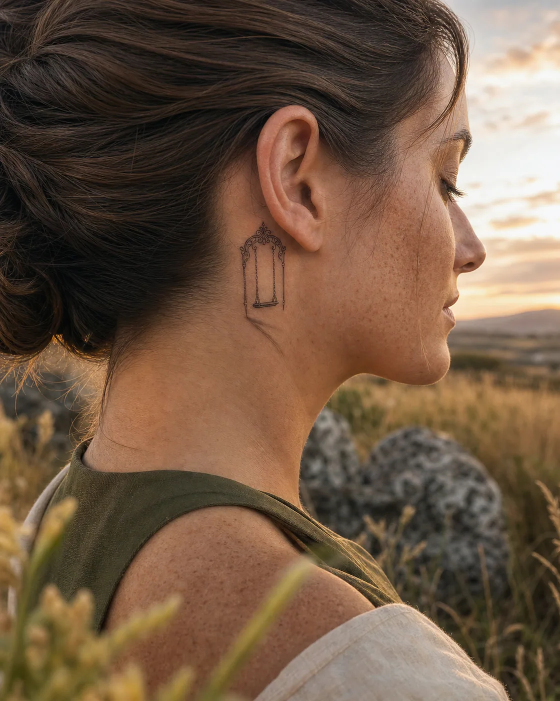 Ornamental tattoo of an empty swing casting a long late-summer shadow on the behind the ear