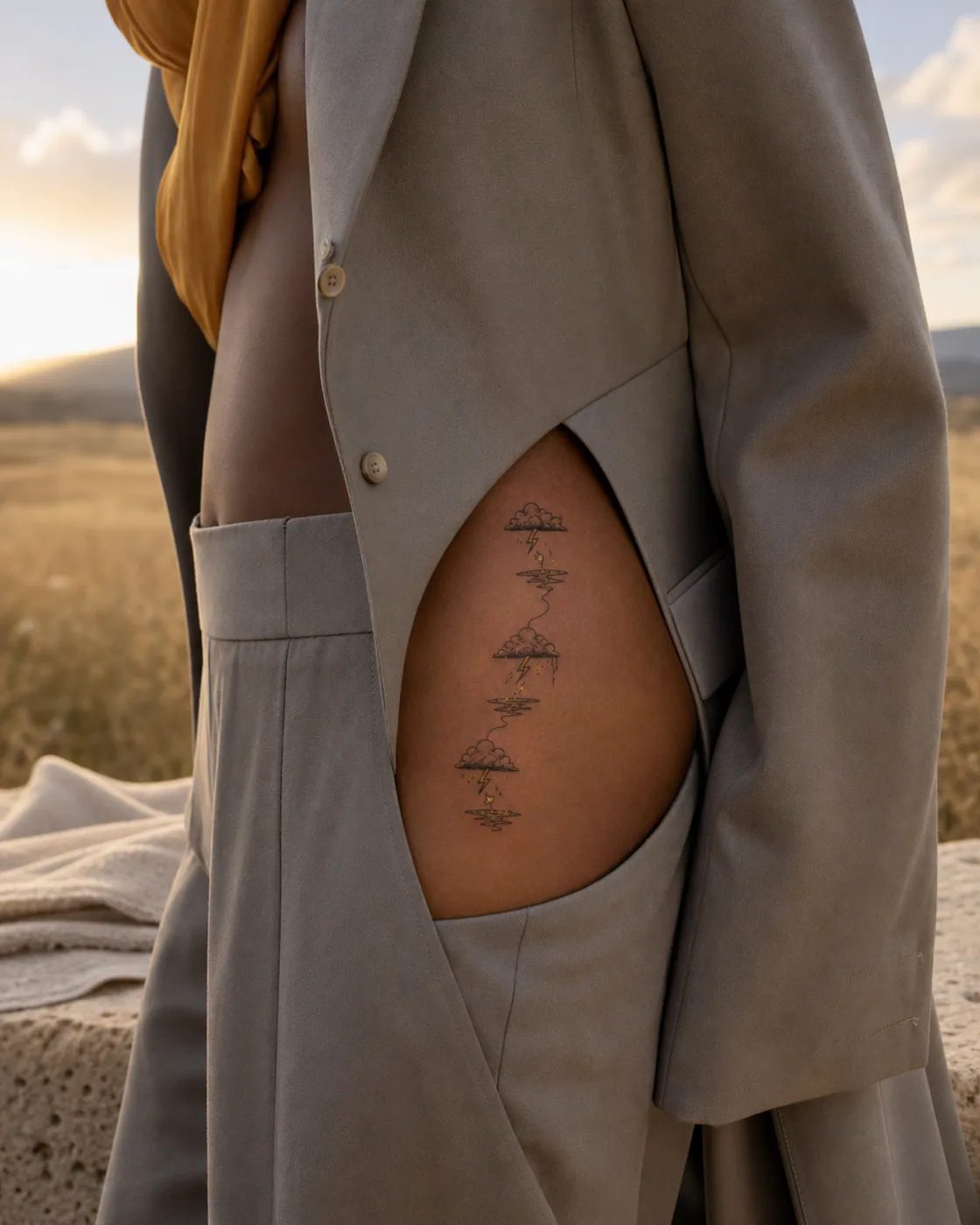 Illustrative tattoo of small lightning strokes, clouds, puddles, and reflected stars with a three-part family motif on the hip