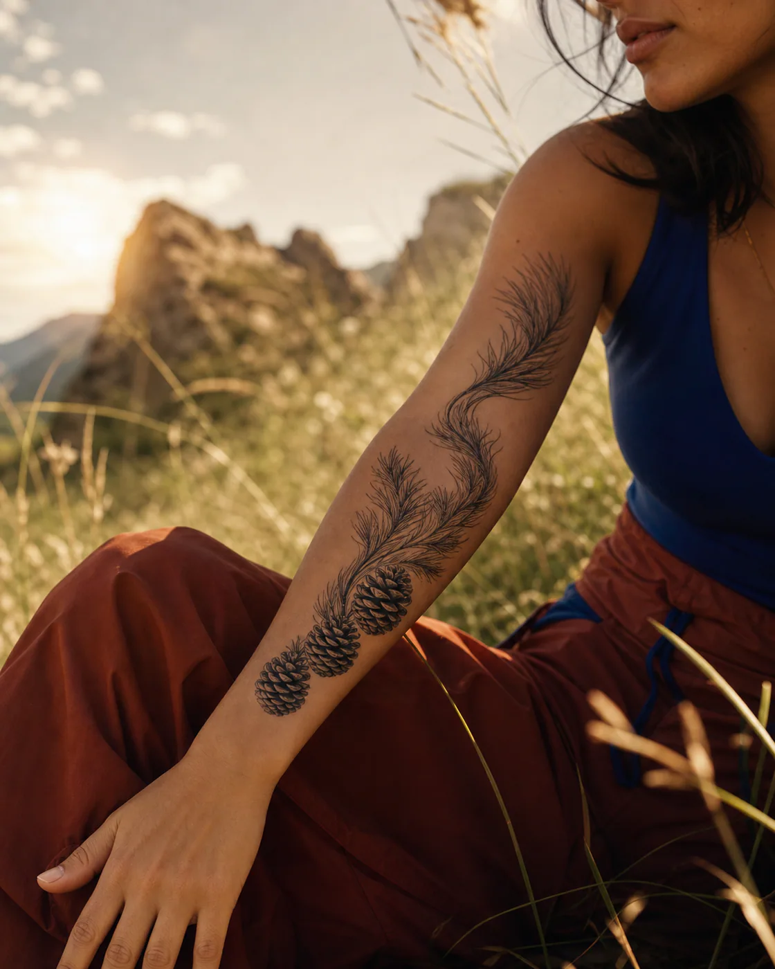 Surrealism tattoo of a cluster of pine cones carried by wind-shaped needles with a three-part family motif on the forearm