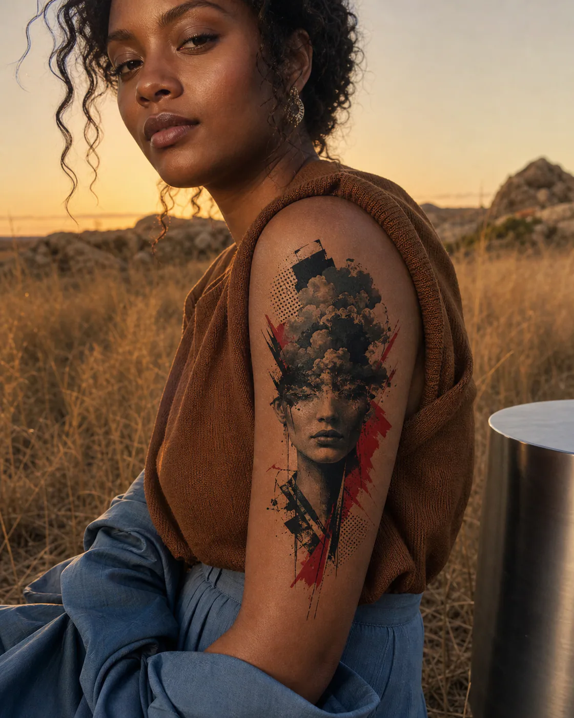 Trash Polka tattoo of a calm frontal portrait crowned by sculptural clouds on the upper arm