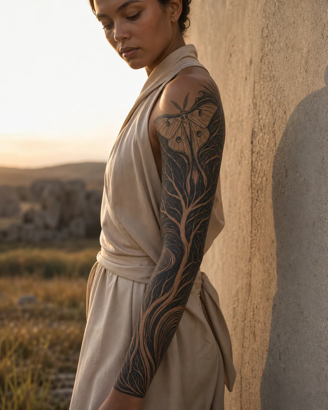 Tribal tattoo of a luna moth opening its wings beside rain-dark bark on the full sleeve