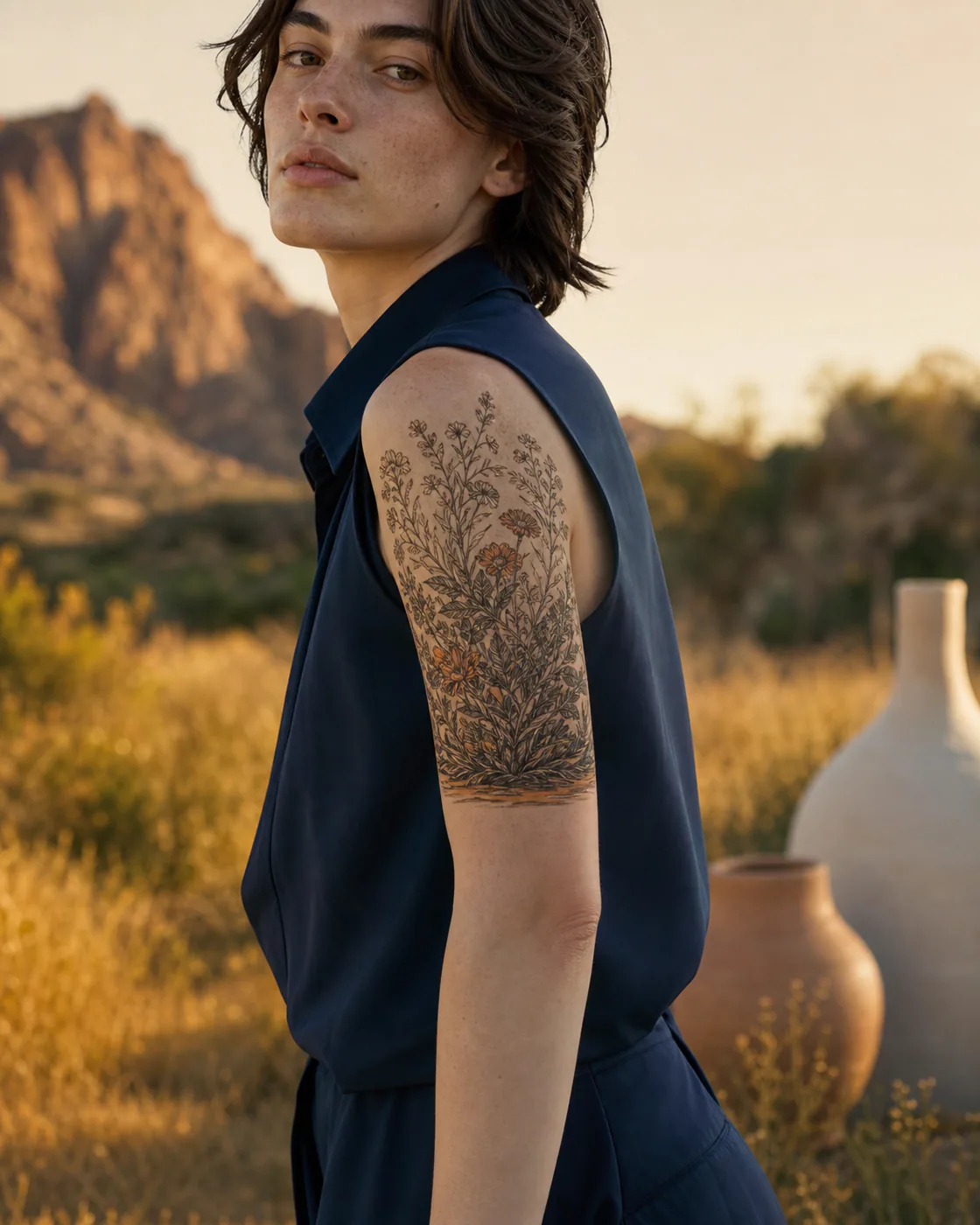 Floral tattoo of a tumbleweed casting a long shadow across salt flats on the half sleeve