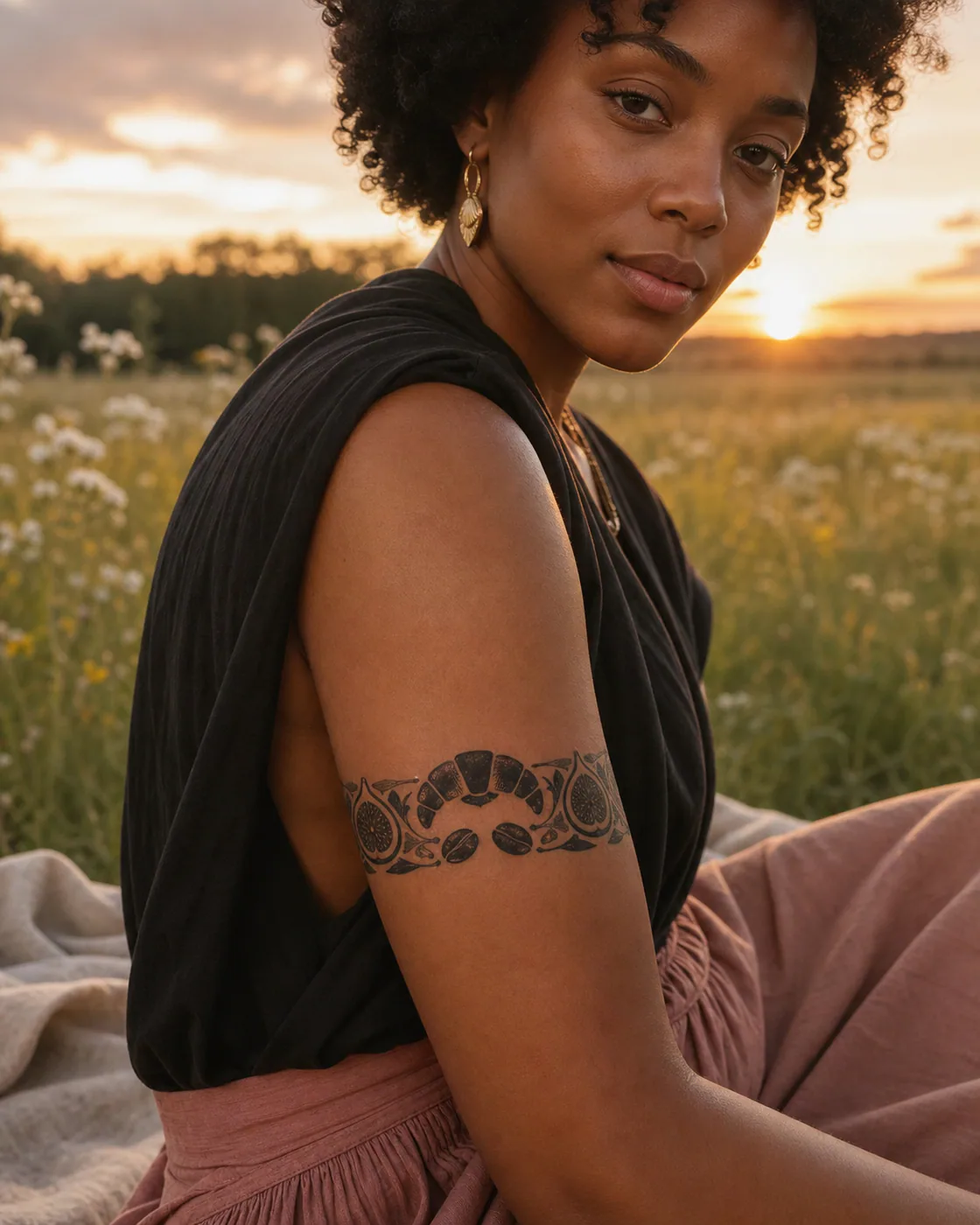 Cybersigilism tattoo of a croissant crescent paired with figs and coffee beans on the armband