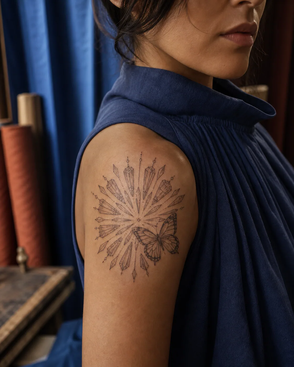 Fine Line tattoo of a crystalline fan expanding through alternating negative wedges with an integrated butterfly on the shoulder cap