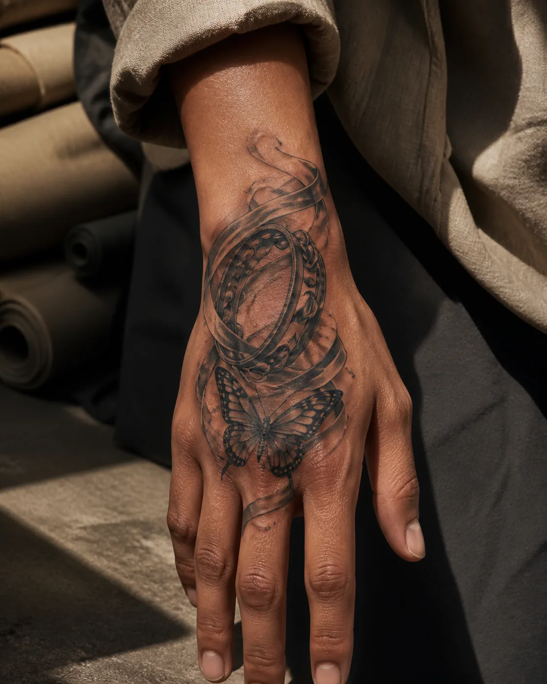 Black and Gray tattoo of a tambourine turning through a ribbon of measured motion with an integrated butterfly on the back of hand