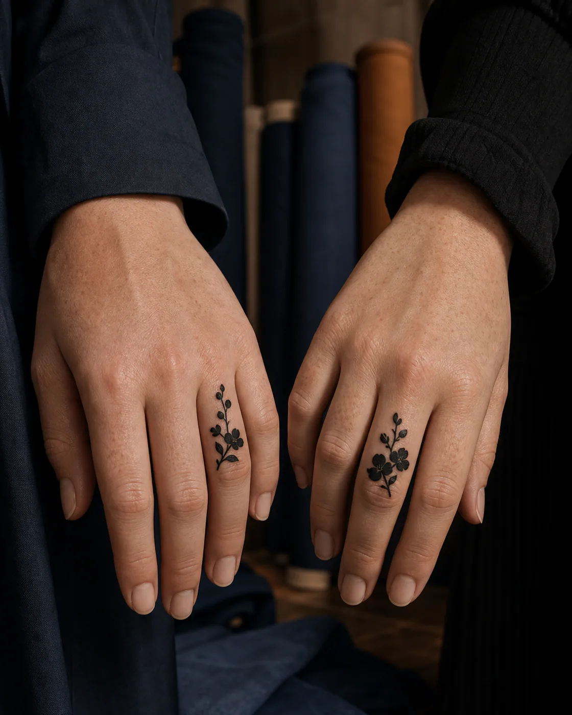 Blackwork tattoo of a cherry branch opening from tight buds into full blossom as a complementary couple tattoo pair on the finger